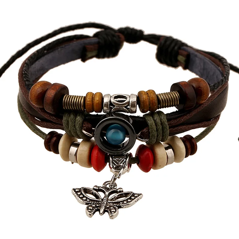 2016 New Fashion Genuine Leather Bracelet Vintage Silver Butterfly Ethnic Beaded Bracelets&Bangles Unisex Jewelry Free Shipping |