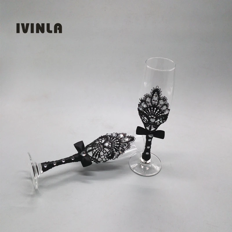 

2 шт./лот черные кружевные свадебные бокалы для поднятия тоста Свадебные бокалы цвета шампанского подарок для украшения свадебной вечеринк...