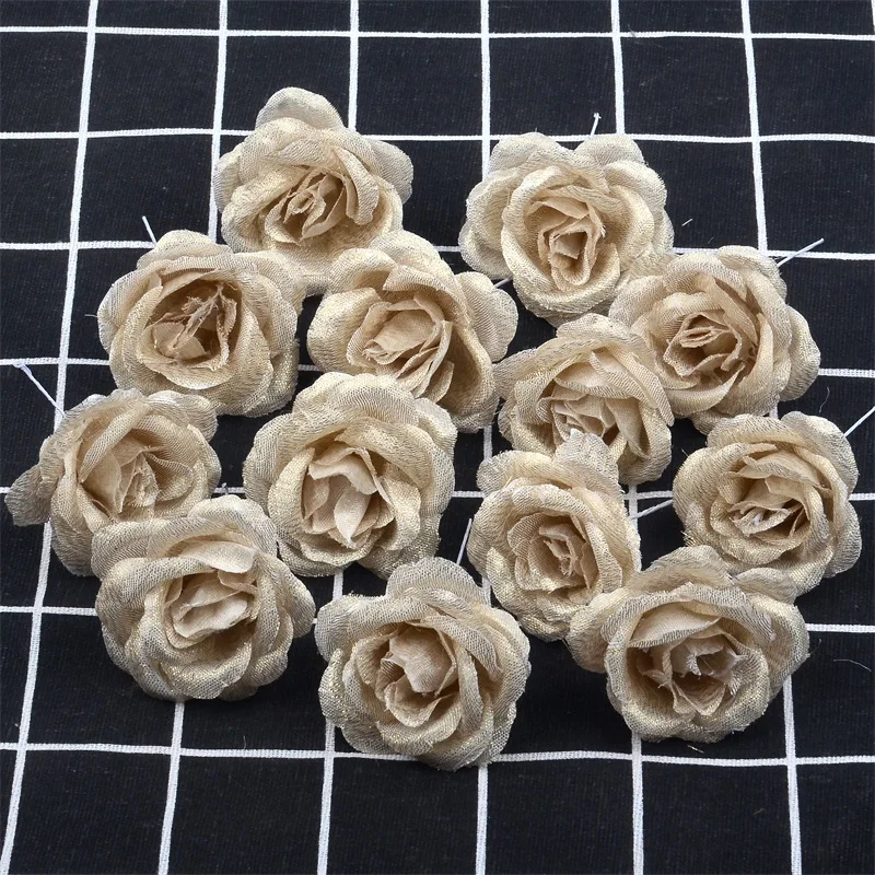 30pcs 4cm Silk Gold Artificial Rose Flower Heads For Wedding Home Party Decoration DIY Christmas Tree Accessories Fake Flower