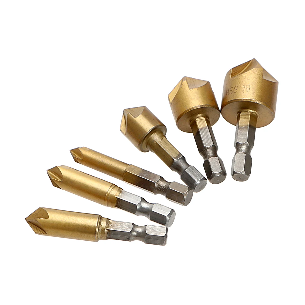 

NICEYARD 6PCS HSS 6mm-19mm 5 Flute Drill Bit Wood Chamfering Cutter Chamfer 90 Degree Chamfer Countersink