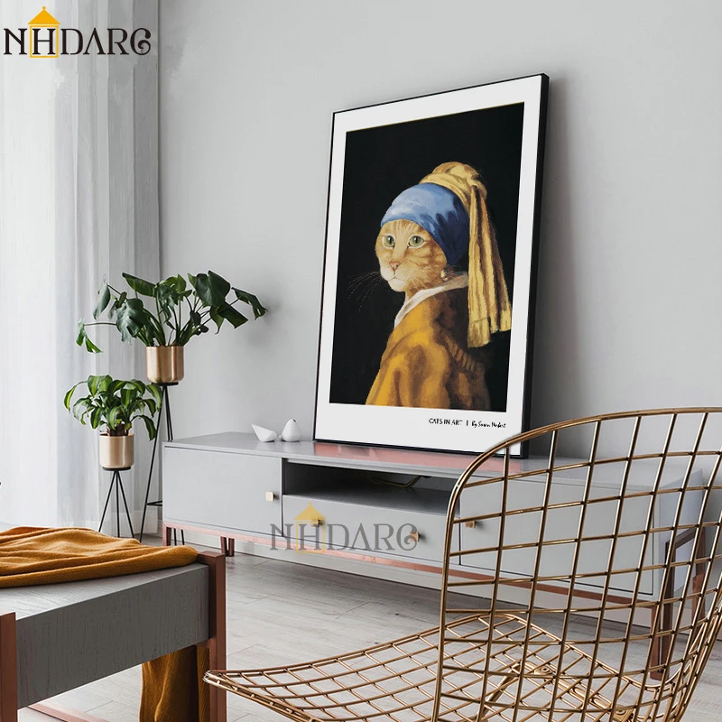 NHDARC Печать на холсте постер и картина Кот с жемчугом Серьги творческое искусство