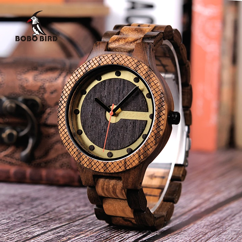 Мужские деревянные часы BOBO BIRD Q09 простые кварцевые Zebrawood и черное дерево