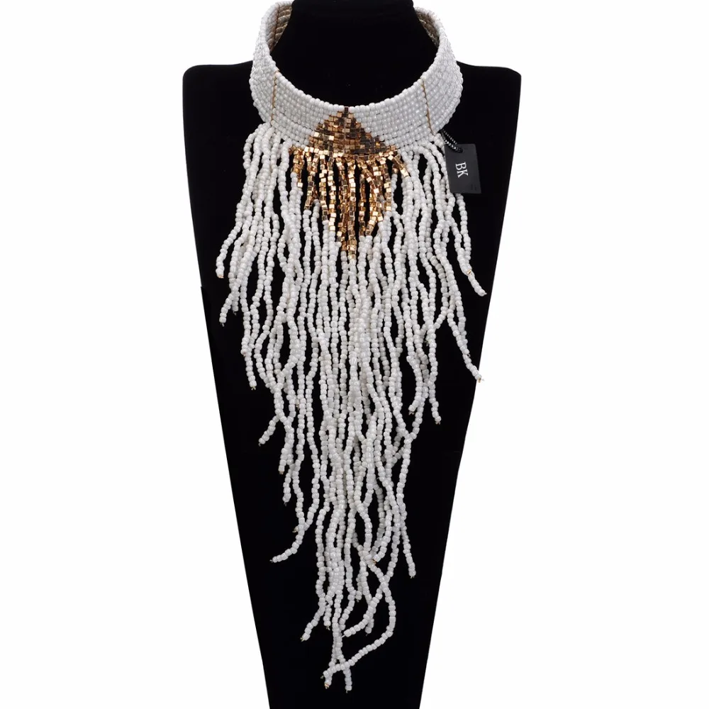 

Bk Multicolor Fashion Necklace Resin Seed Beads Long Tassels Choker Jewelry Chain Pendant Bib Long Necklace