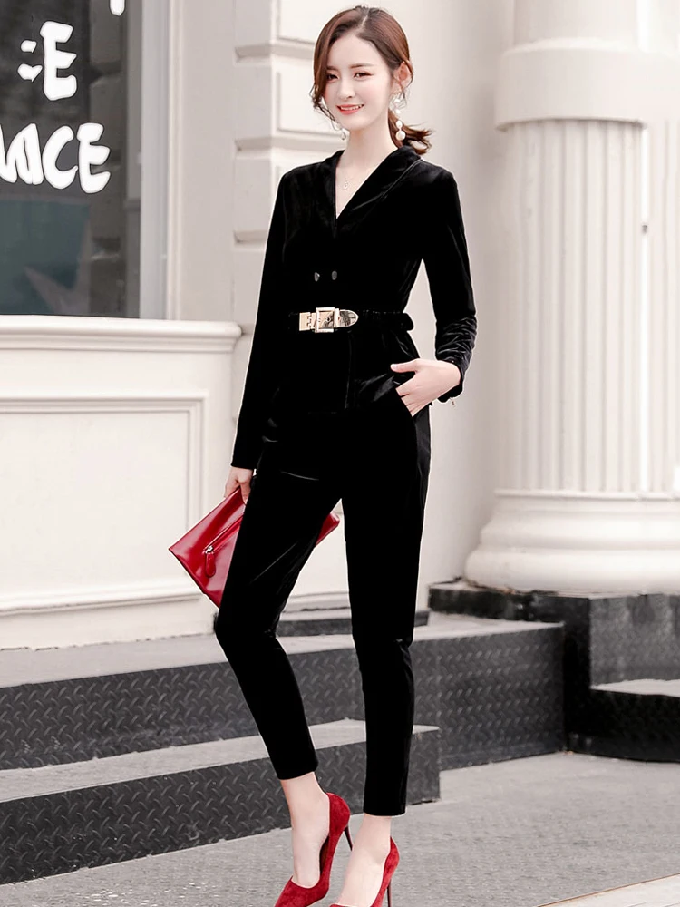 Бархатный золотистый женский костюм новый осенний Модный черный в стиле ретро