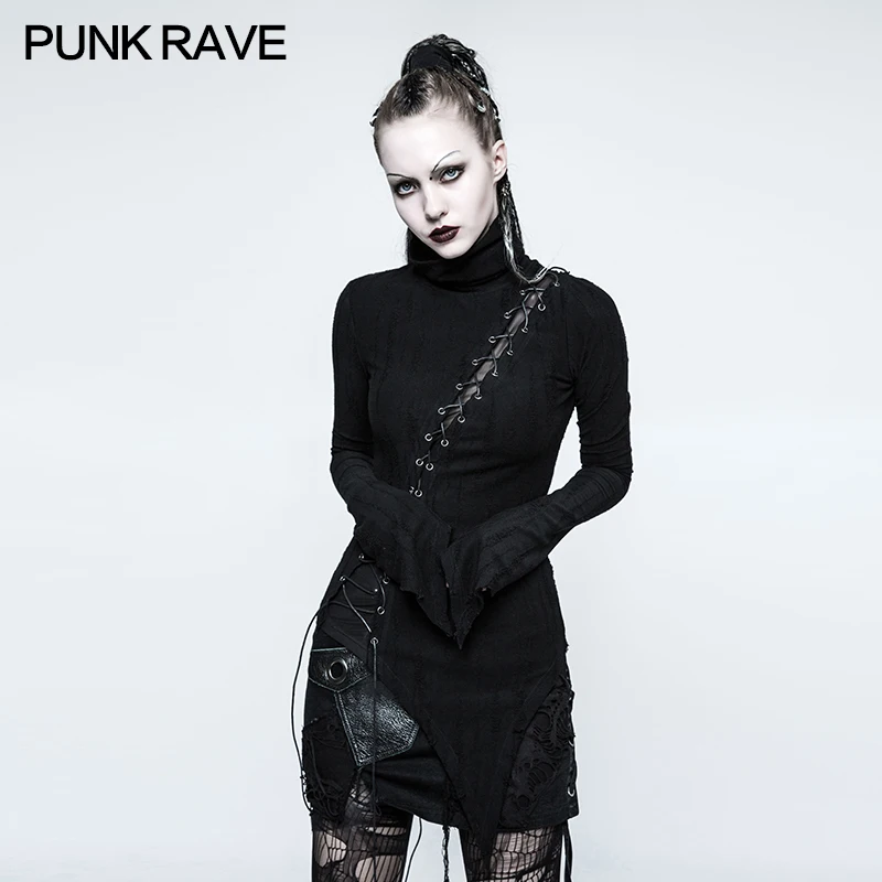 Панк Rave черная модная женская рок стоячий воротник сломанная Паровая футболка в