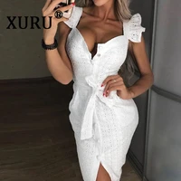 xuru summer new square collar embroidered dress slim sexy bag hip dress white embroidered dress