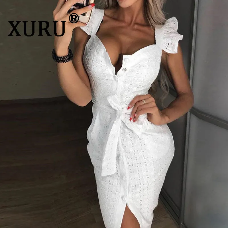 XURU летнее новое платье с квадратным воротником и вышивкой облегающее