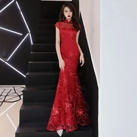 2019 red mermaid long cheongsam modern chinese evening dress qipao fashion bride vintage gown oriental style party robe qi pao