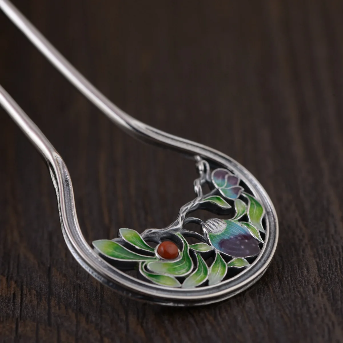 Клуазоне бусина-тайский серебряный аксессуар для волос Эмаль Серебро Китайский жемчуг заколка для волос, 2-зубец цветок пиона волос ювелирные изделия-шпильки 100x33 мм WIGO1153
