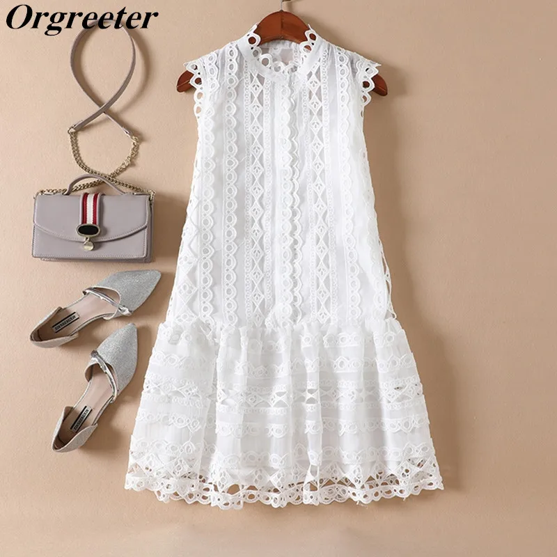 Белый Летние Элегантные Короткие вечерние платья для женщин Vestidos, повседневные женские платья, летнее кружевное платье без рукавов с вырезами - Цвет: Белый