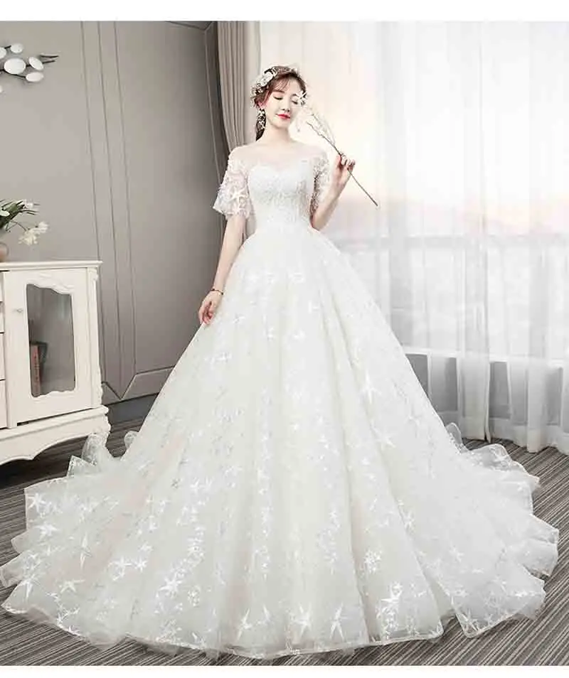 Large Size 6XL Deluxe White Bridal Wedding Trailing Dress Short-Sleeve Ball Gown Evening Party Dress For Lady Plus Size 5XL 3XL