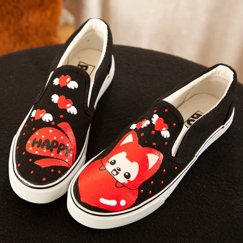 E-LOV Hand Painted Cat And Fish Casual Canvas Shoes Boys Flat Graffiti Cartoon Animal Loafers Students Slip On Chaussure | Обувь