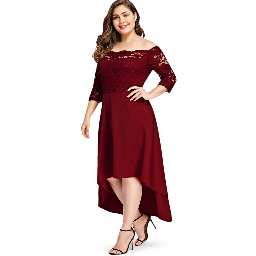 ROSEGAL размера плюс 5XL 4XL с открытыми плечами Высокая Низкая кружево Dip Hem Partty Платье женское элегантное асимметричное платье длиной до лодыжки Vestidos