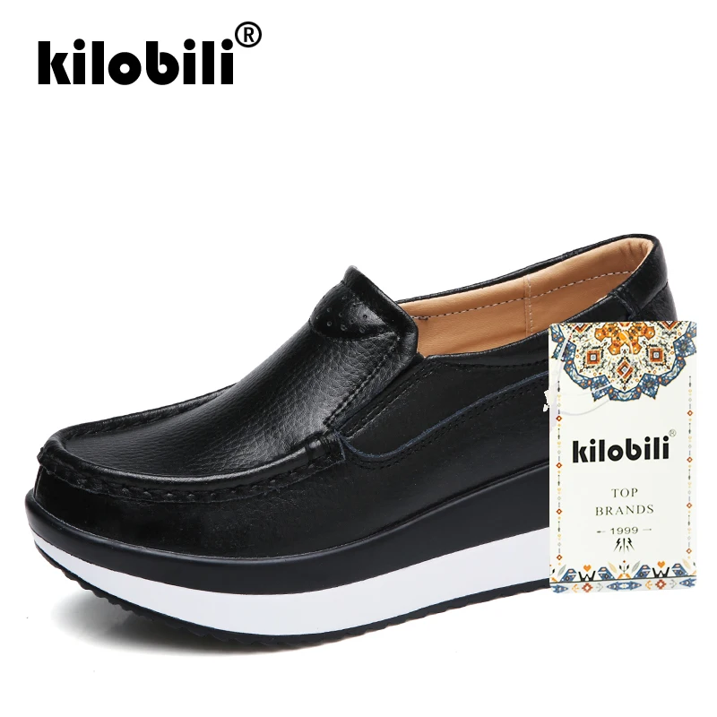 Kilobili 2019 Весна Женские туфли лодочки обувь кроссовки на танкетке кожаные
