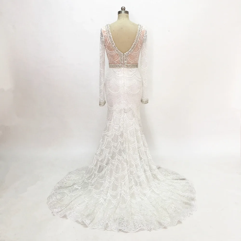 Шампанское Русалка кружево свадебное платье спинки Vestidos de novia Robe De Mariage одежда с длинным рукавом свадебное для невесты