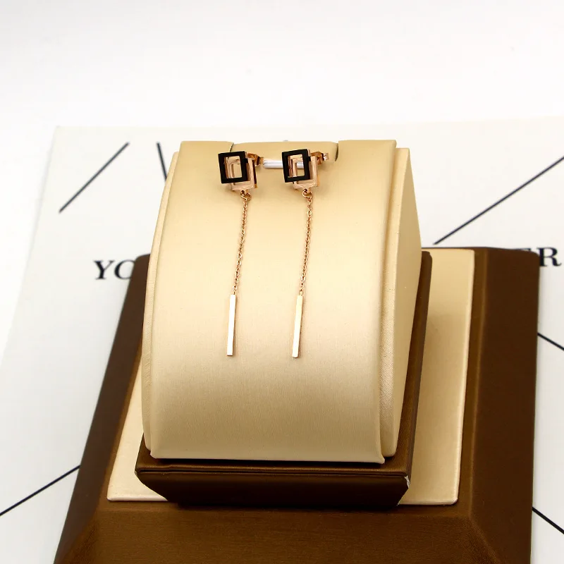 IP Rose Gold черный двойной box кисточкой невесты серьги. Boho из нержавеющей стали titanium