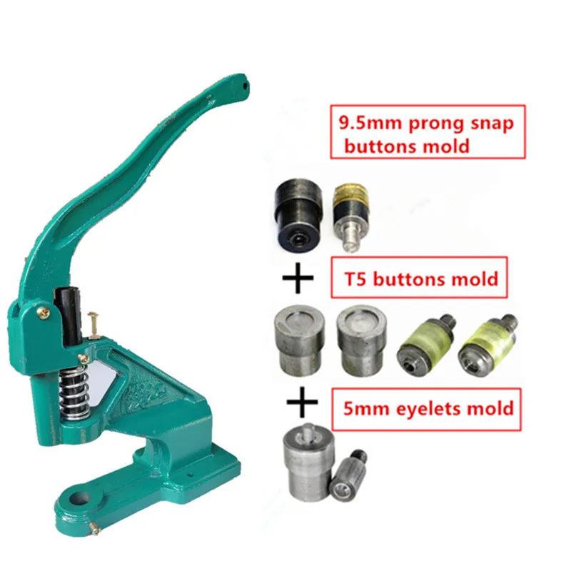3sets mold machine 1 шт. кнопки заклепки установка машина+ 1 набор 5 мм люверсы Инструмент Плесень+ 1 Набор 9,5 мм зубец оснастки пресс для пуговиц+ 1 набор кнопки пресс-формы - Цвет: 3sets mold machine