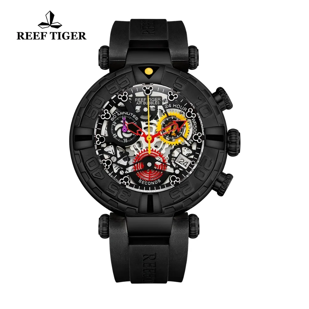 

Reef Tiger/RT Luxury Brand Sport Watch Men Skeleton Quartz Watches Chronograph Rubber Strap Watch Montre Homme RGA3059-S