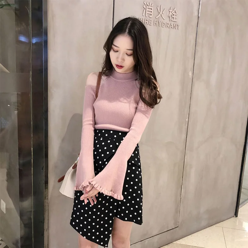

Sexy Off Shoulder Flare Sleeve Thin Sweater Women Computer Knitted Turtleneck Pullovers Tops Black White