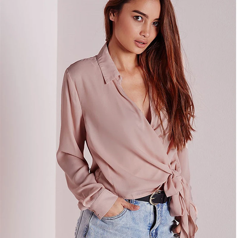 Blusa Feminina Sexy V Neck Short Silk Blouse Women Pink Long Sleeve Shirt Casual Satin Bow Tie Blouses Ladies Tops Camisas Mujer |