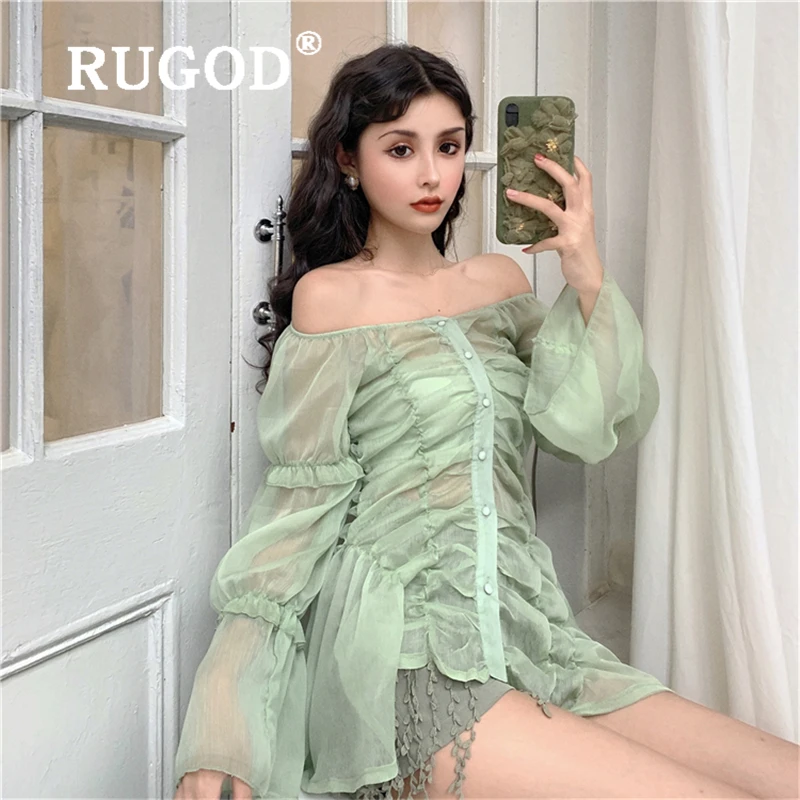 RUGOD, офисный женский светильник, зеленая шифоновая блузка, сексуальная, с открытыми плечами, милая, с длинным рукавом, рубашки, модные, однобортные, irnora, топы