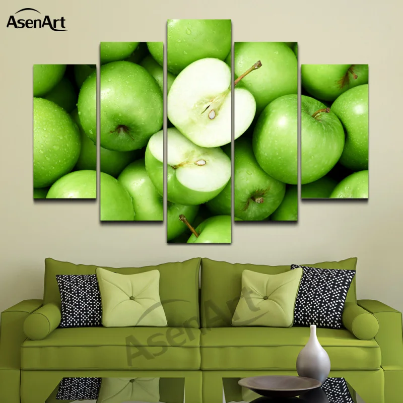 5 панелей искусство зеленое яблоко современная картина фрукты маслом для кухни