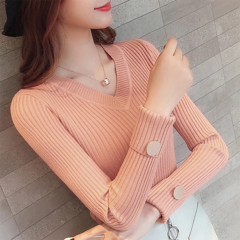 

V-Neck Split Women Sweater High Elastic Solid 2021 Fall Winter Fashion Sweater Women Slim Sexy Knitted Pullovers Black White