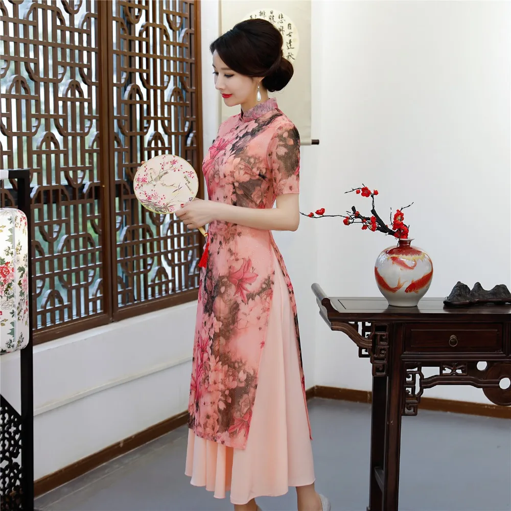 Шанхай история Весна Aodai вьетнамское платье Чонсам для женщин традиционная одежда ao dai с подкладкой длинное Ципао розовое