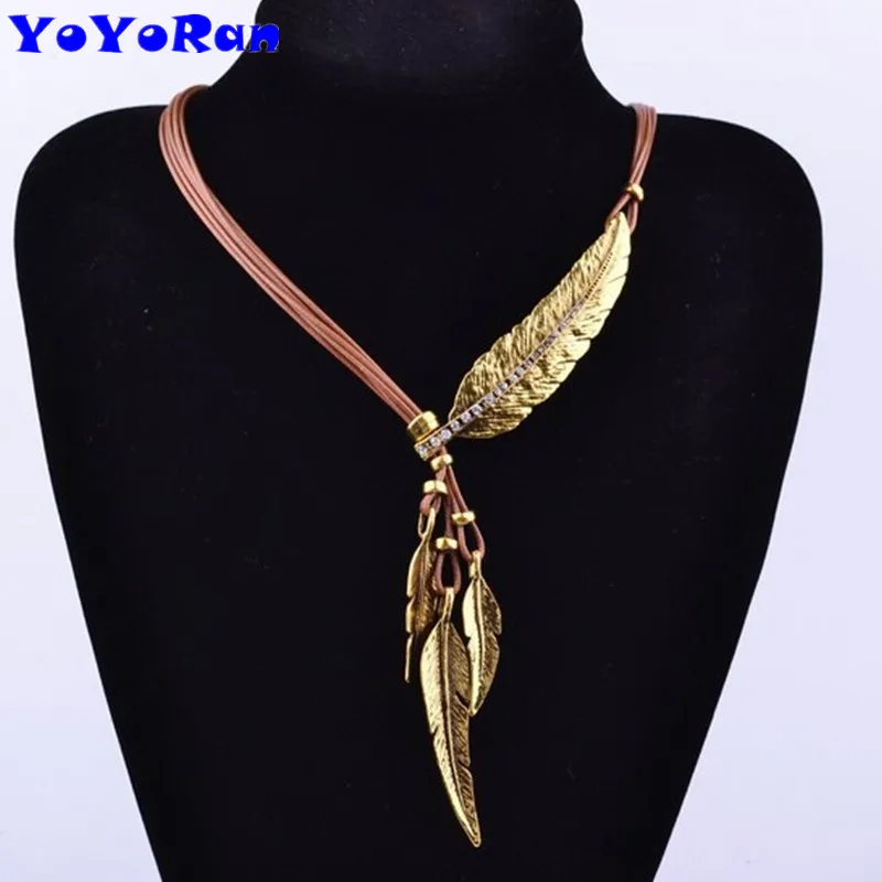 YOYORan 3pcs fashion woman feather with rhinestone tassel rope chain pendant necklace vintage ethnic leaf charm jewelry | Украшения и