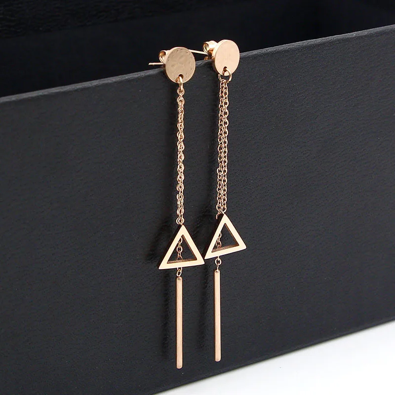 Hollow triangle tassel drop earrings for women boucle d'oreille femme Rose gold color chains stainless steel earings orecchini |