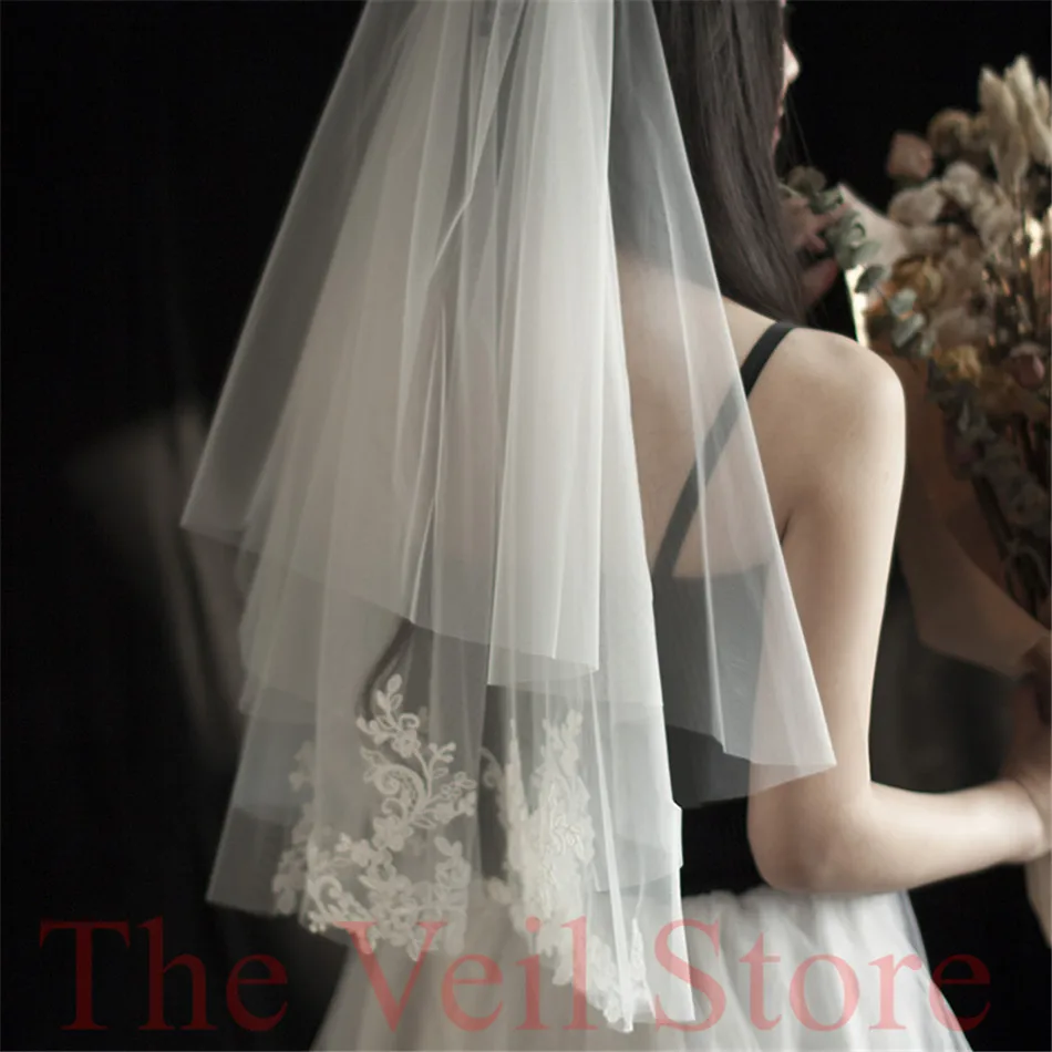 New ISHSY Short Bridal Veil weeding Veils white Ivory Tulle with comb Blusher Appliques Voiles Mariage velos de novia | Свадьбы и