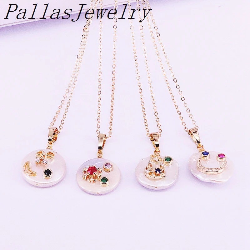 8Pcs New fashion freshwater pearl and delicate zircon micro pave coin shape Charms Pendant Necklace
