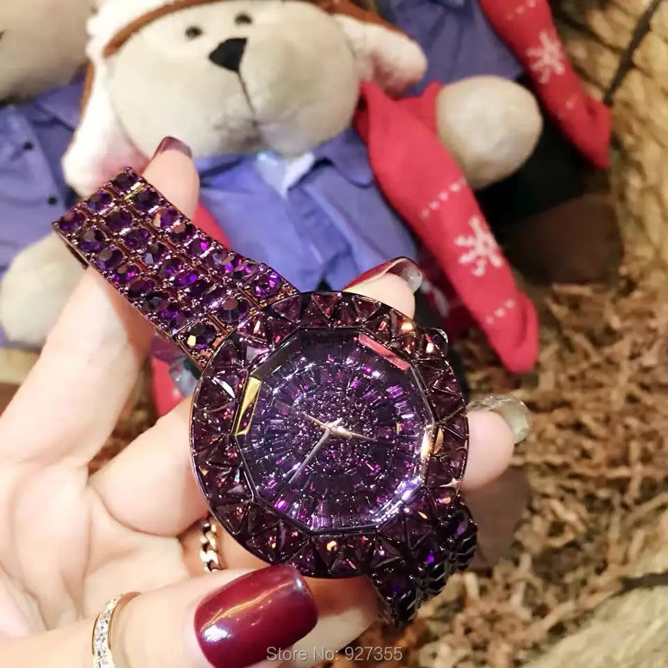 2020 New Style Purple Women Watches Top Luxury Steel Full Rhinestone Wristwatch Lady Crystal Dress Watches Female Quartz Watch enlarge