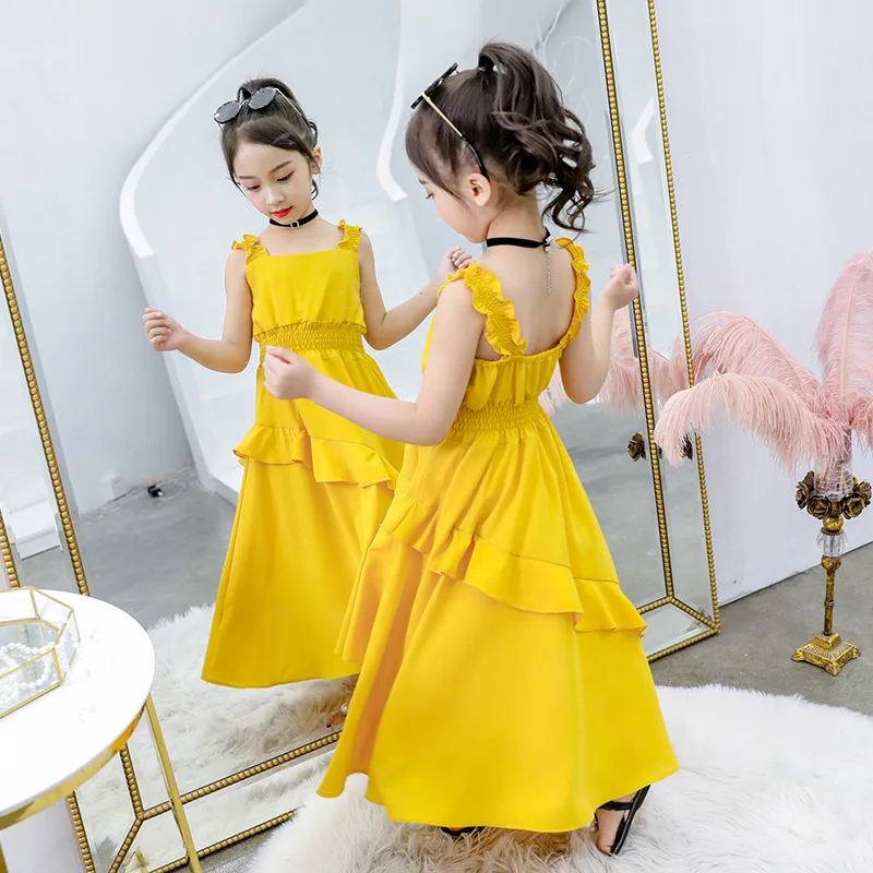 yellow chiffon ruffle backless long-dress age for 4 - 14 yrs teenage girls evening party gowns 2019 new summer sleeveless frocks | Детская