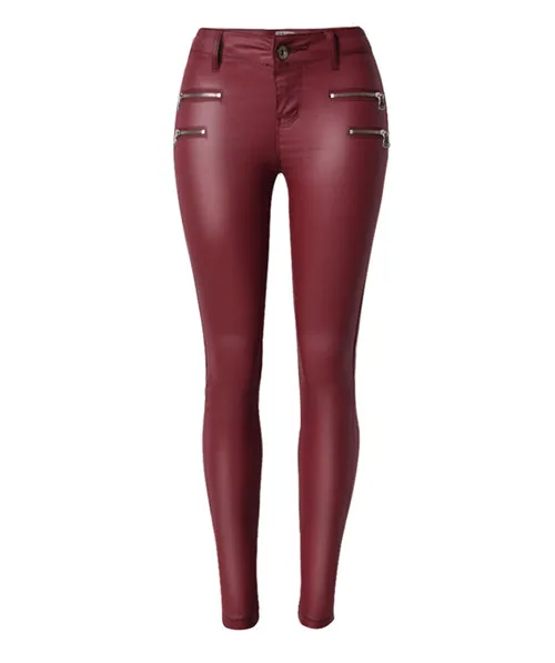 wine red Lowrise/темно-красные обтягивающие джинсы-карандаш из искусственной кожи, большие размеры, длинные тонкие кожаные зауженные брюки, sculpt джинсы локомотив, двойная молния - Цвет: wine red