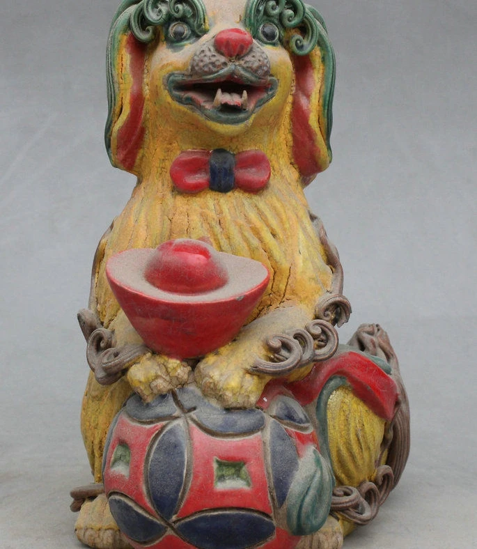 Folk Chinese wucai Porcelain wealth yuanbao Lucky Dog PiXiu statue pray ball | Дом и сад