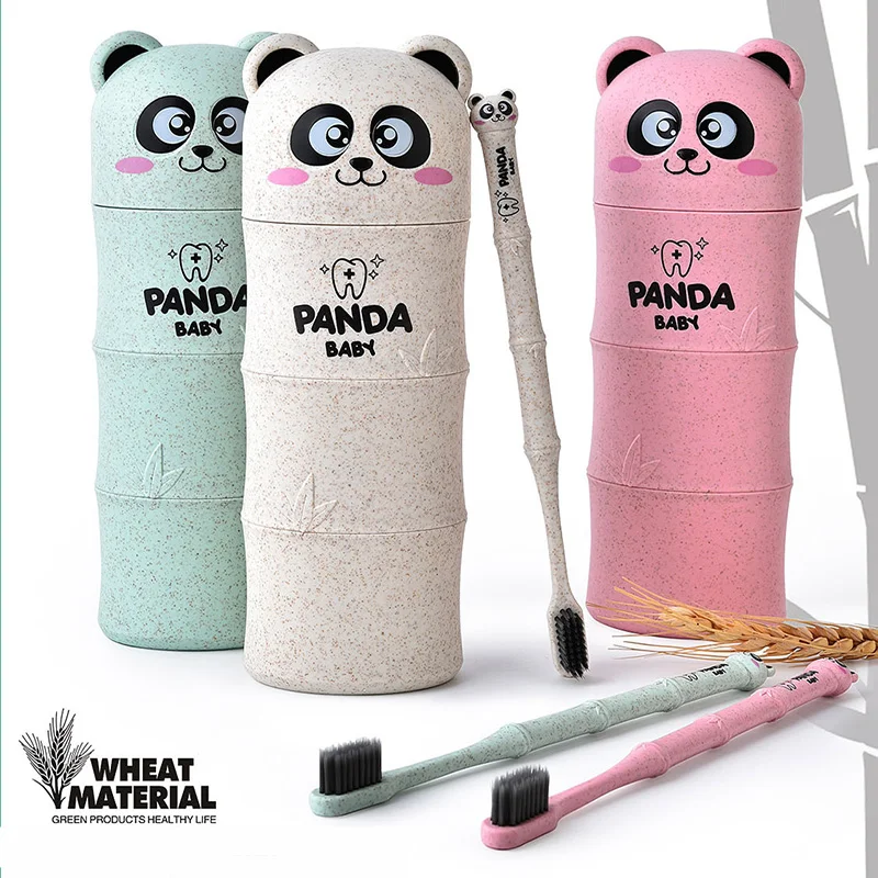 

New 3pcs in One Set Cartoon Panda Toothbrush Travel Suit Random Color For Toothbrush Wheat Straw Safety Nano-antibacterial Kit