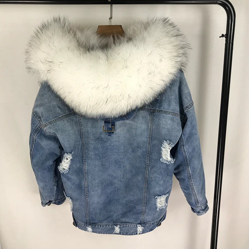 Новое модное Брендовое женское пальто с капюшоном джинсовая куртка для девочек Джинсовая куртка с натуральным лисьим мехом на толстой подкладке с воротником из меха енота