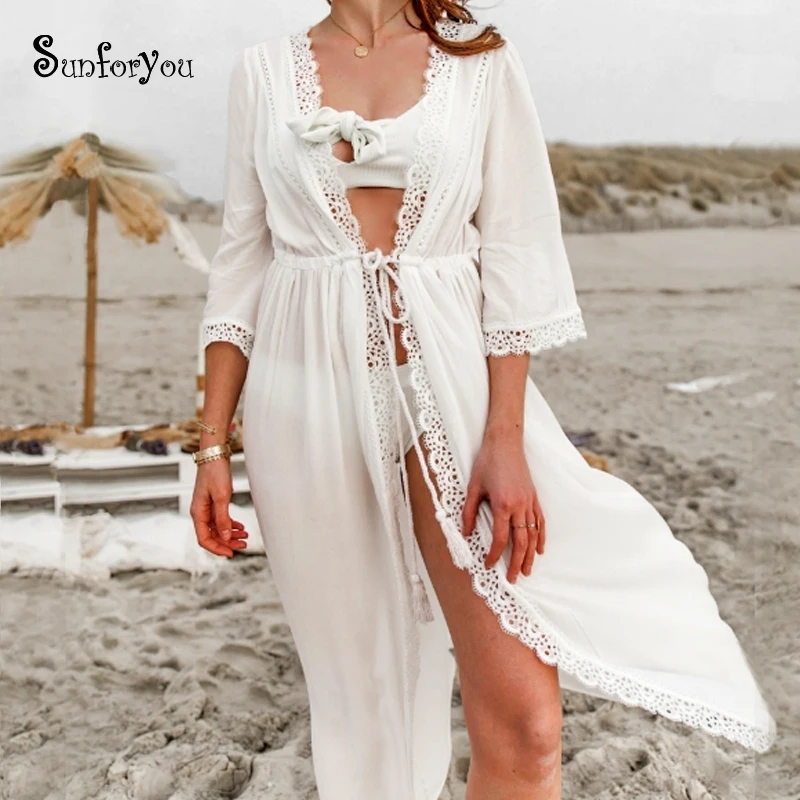 Новый белый пляжный топ длинное платье рубашка белое хлопковое кружевное