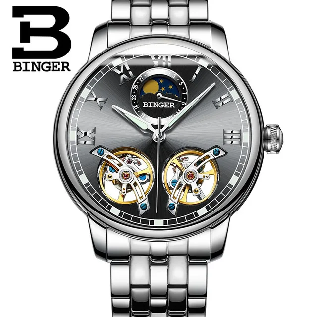 Steel Black Silver Швейцарские BINGER Роскошные автоматические часы Moon Phase для мужчин с двойным турбийоном для мужчин s Скелет механические часы для мужчин бренд Relogio - Цвет: Steel Black Silver