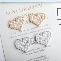 10pcs fashion silver gold color hollow heart with imitation pendant alloy charm diy accessories for necklace bracelet