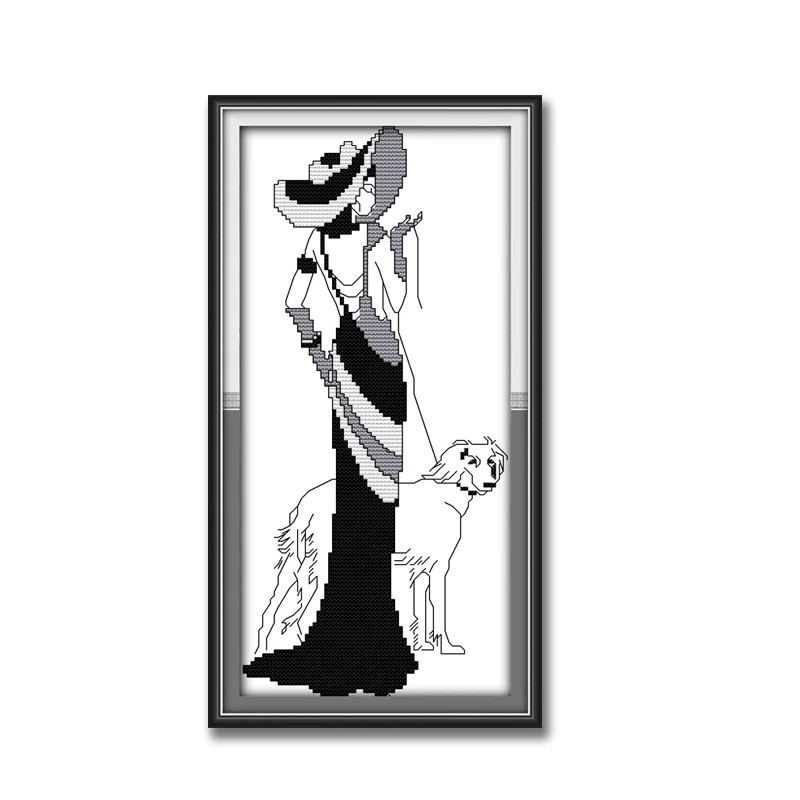 Модная женская и собачья Живопись Рисунок Счетный принт на ткани 14CT 11CT DMC набор