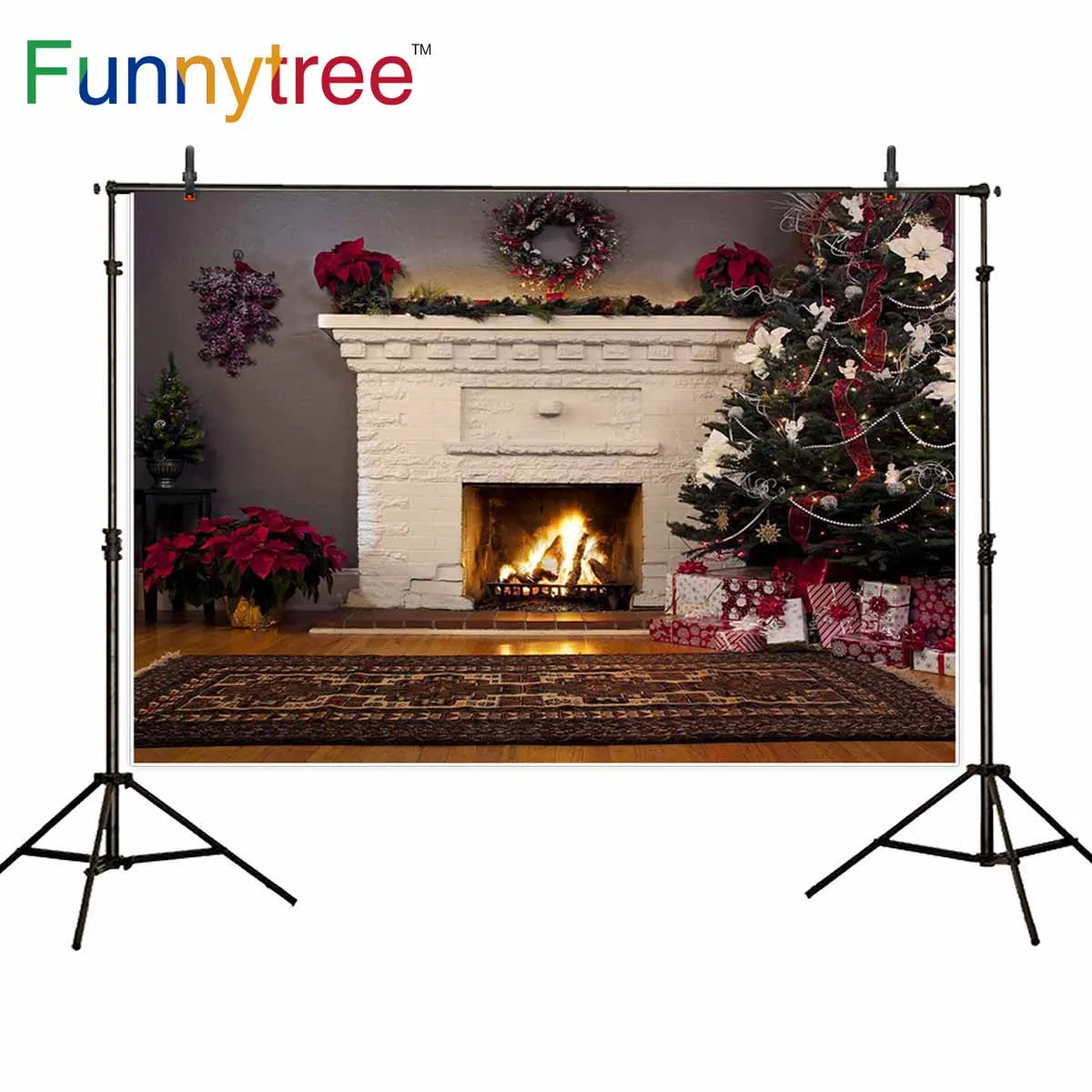 Фон Funnytree для фотостудии Рождественская елка винтажный ковер камин подарок