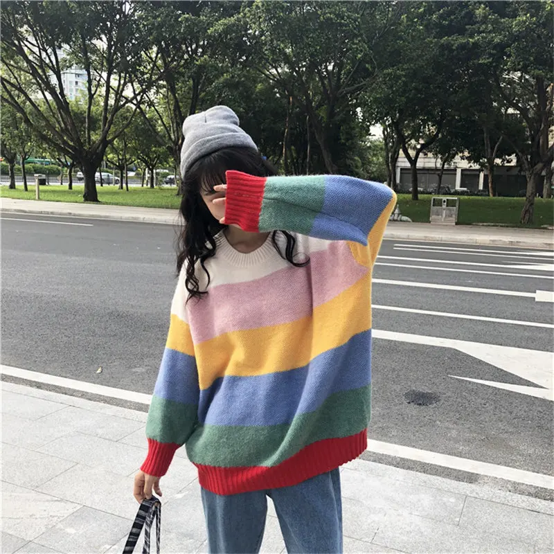 Woherb, Осенний Радужный женский свитер Harajuku, джемпер в полоску, пуловеры больших размеров, свитера в Корейском стиле, винтажная вязаная одежда 20585