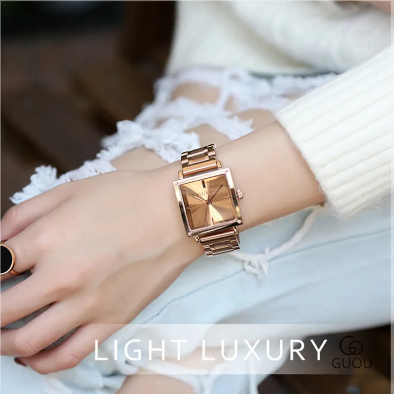 GUOU Fashion Women Square Bracelet WristWatch Ladies Luxury Stainless Steel Quartz Watch Woman Waterproof Clock relojes mujer