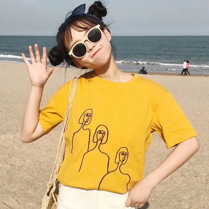 Женская футболка с вышитым персонажем из мультфильма Harajuku однотонная Корейская