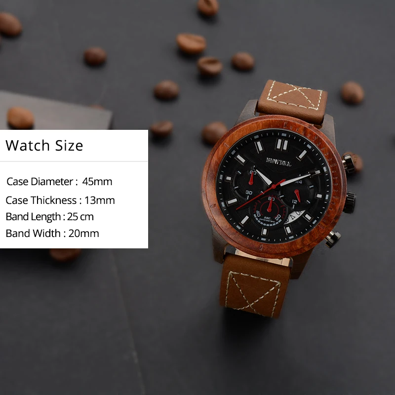 Men Luxury Waterproof Quartz Watch Wood Case Leather Strap With Chronograph And Calendar Functions Luminous Hands Bewell 161A