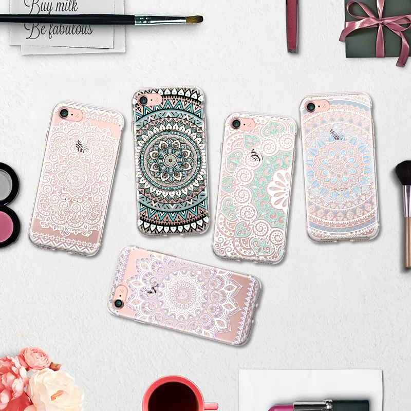 Soft TPU Phone Case for Iphone 7 7Plus Fashion Beautiful Floral Half Transparent Mandala White Lace Pattern Silicone | Мобильные