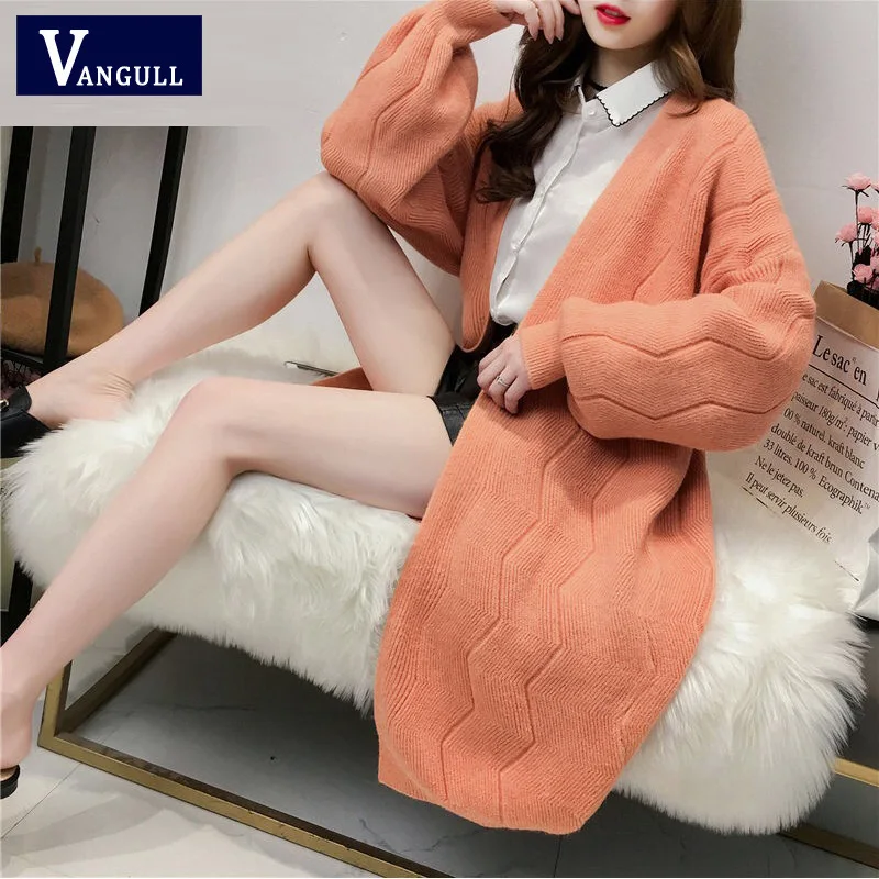 orange pink Vangull женский зимний свитер, Длинные кардиганы, модные женские вязаные куртки с длинным рукавом и v-образным вырезом, толстый вязаный кардиган, пальто - Цвет: orange pink