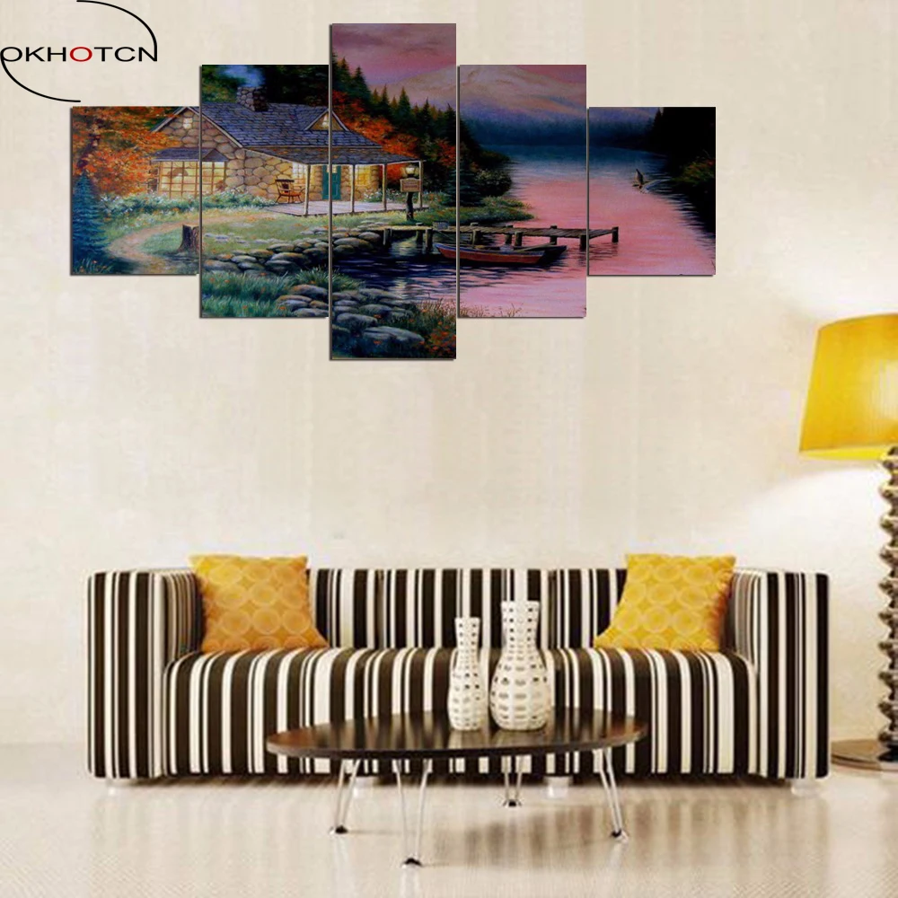 OKHOTCN Modern Home Decorative Poster Canvas Painting HD Print 5 Panel House Landscape Wall Art River Picture Modular Decor | Дом и сад